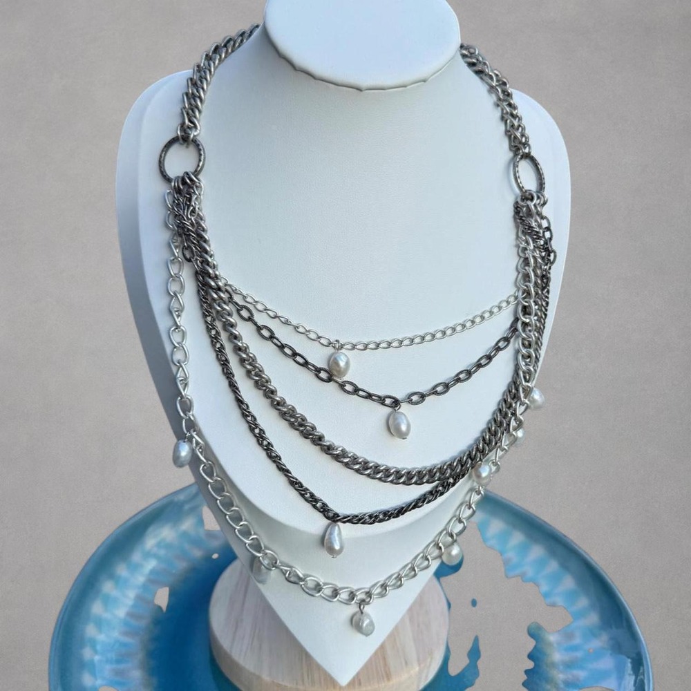 Stella & Dot silver tone multi chain necklace Genuine baroque freshwater pearls